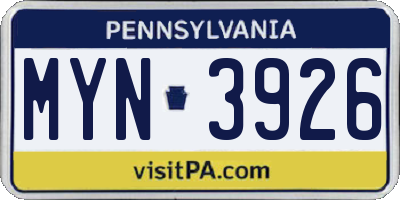 PA license plate MYN3926