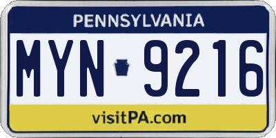 PA license plate MYN9216