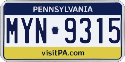 PA license plate MYN9315