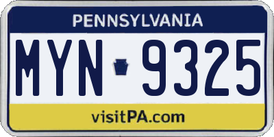 PA license plate MYN9325