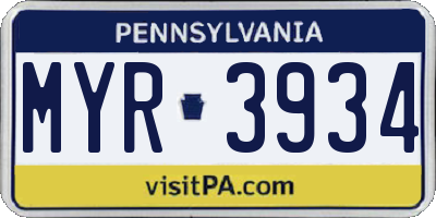 PA license plate MYR3934