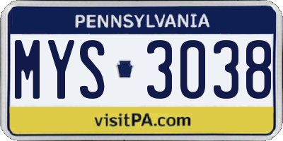 PA license plate MYS3038