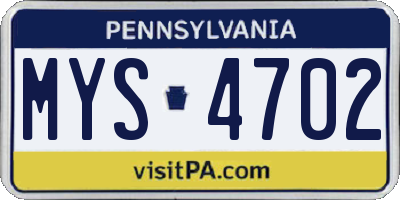 PA license plate MYS4702