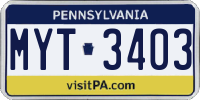 PA license plate MYT3403