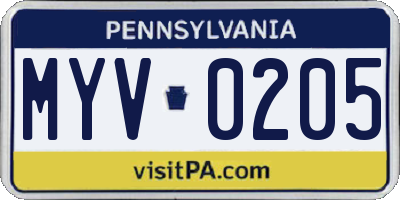 PA license plate MYV0205