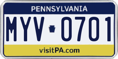 PA license plate MYV0701