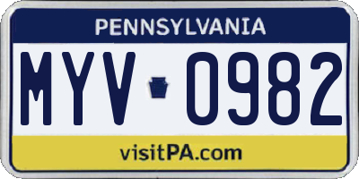 PA license plate MYV0982