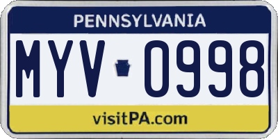 PA license plate MYV0998