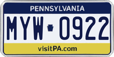 PA license plate MYW0922