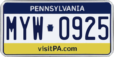 PA license plate MYW0925