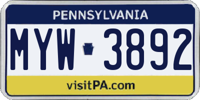 PA license plate MYW3892