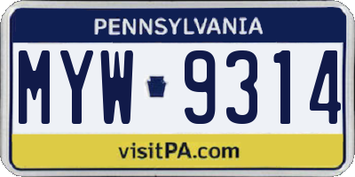 PA license plate MYW9314