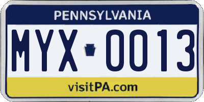 PA license plate MYX0013
