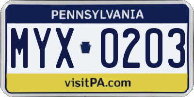 PA license plate MYX0203