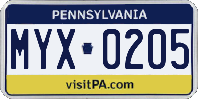 PA license plate MYX0205