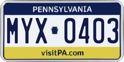 PA license plate MYX0403