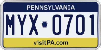 PA license plate MYX0701