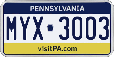 PA license plate MYX3003