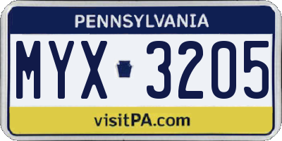 PA license plate MYX3205