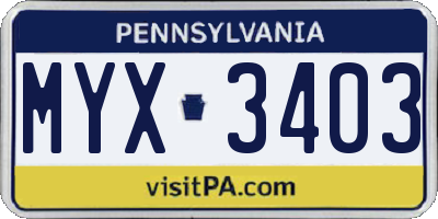 PA license plate MYX3403
