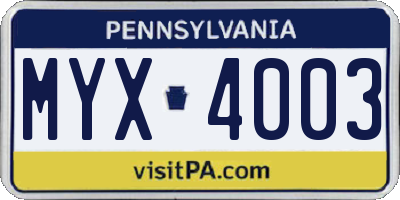 PA license plate MYX4003