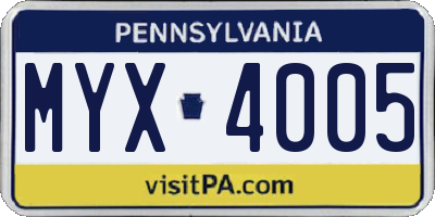 PA license plate MYX4005