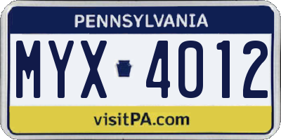 PA license plate MYX4012
