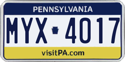 PA license plate MYX4017