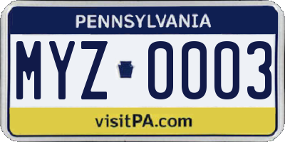 PA license plate MYZ0003
