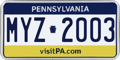 PA license plate MYZ2003