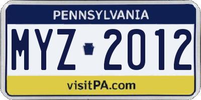 PA license plate MYZ2012