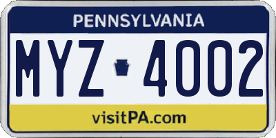 PA license plate MYZ4002