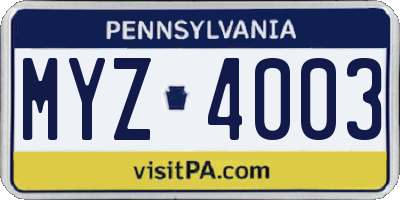 PA license plate MYZ4003