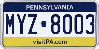 PA license plate MYZ8003