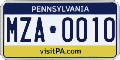 PA license plate MZA0010