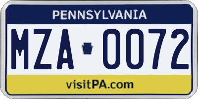 PA license plate MZA0072