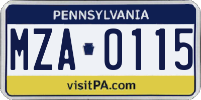 PA license plate MZA0115