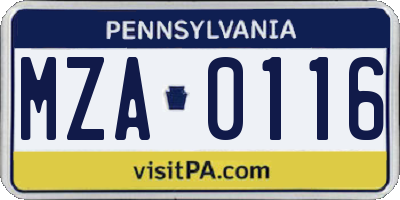 PA license plate MZA0116