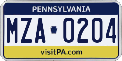 PA license plate MZA0204