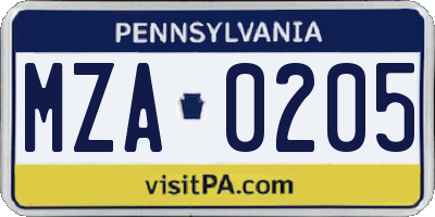 PA license plate MZA0205