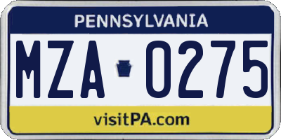 PA license plate MZA0275