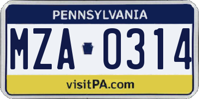 PA license plate MZA0314