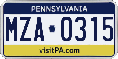 PA license plate MZA0315