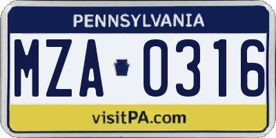 PA license plate MZA0316