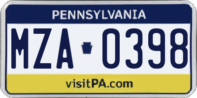 PA license plate MZA0398