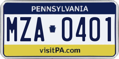 PA license plate MZA0401