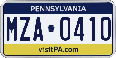 PA license plate MZA0410