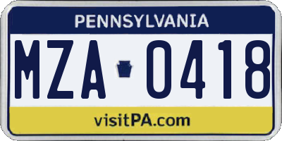PA license plate MZA0418