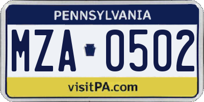 PA license plate MZA0502