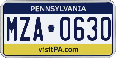PA license plate MZA0630
